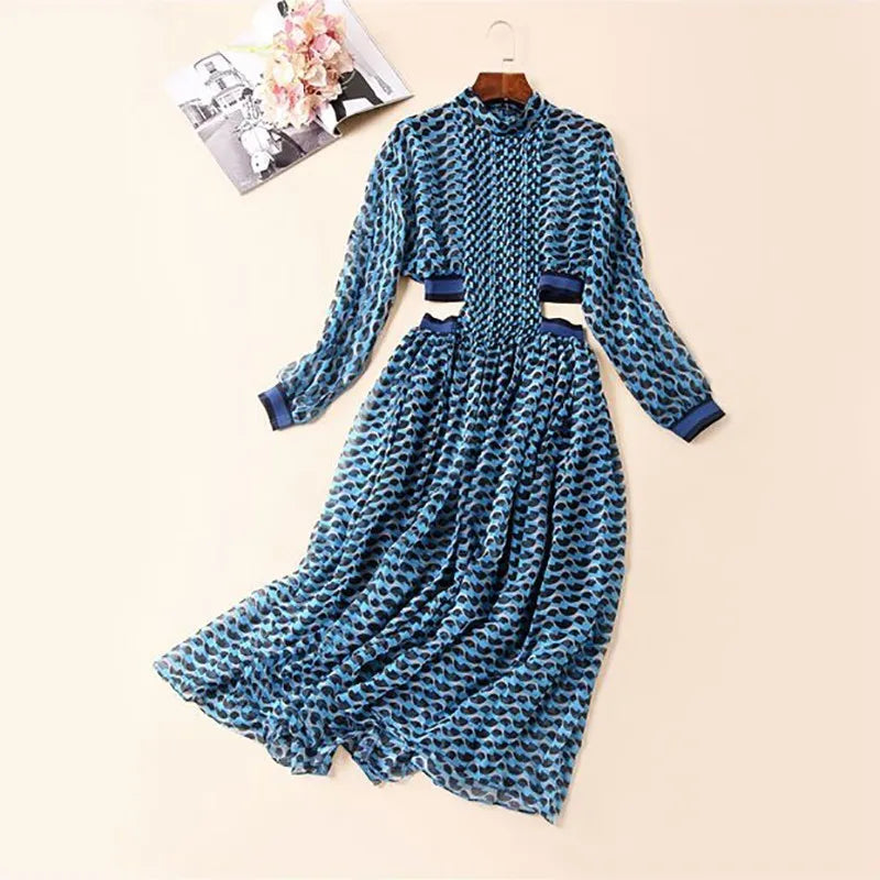 TWOTWINSTYLE Summer Print Dress For Women Stand Collar Long Sleeve High Waist Hollow Out Midi Dresses Female Fashion 2022 New