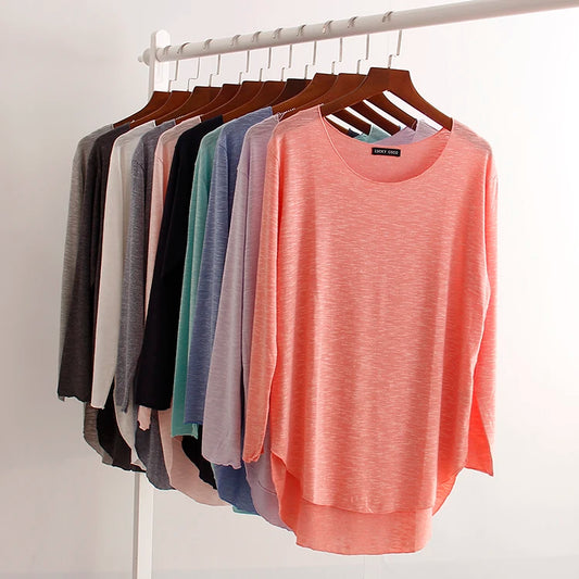 Asymmetric Comfort T-Shirt: 100% Slub Cotton, Soft and Casual. 2024 Summer Long Sleeve Delight.