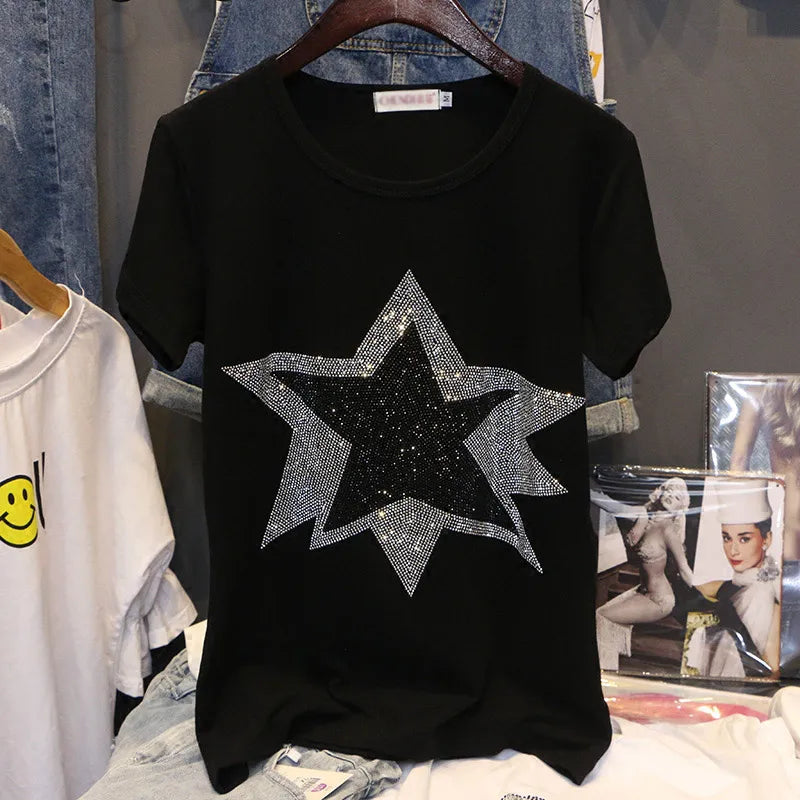 2024 Starry Night Tee: Kurzärmliges Sommer-T-Shirt aus Baumwolle, passende schwarze Freizeitkleidung mit heißem Rautenmuster für Damen.