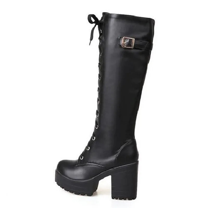 New fashions in winter tall and thick with boots English wind leather tie high heel women boots