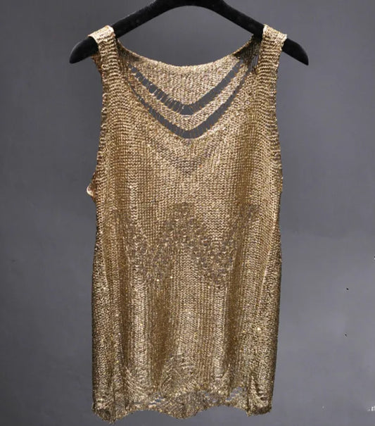 0 Summer sexy Supper blingbling sequines tank tops women hollow out metallic shiny vest women sequined bling bling tan tops