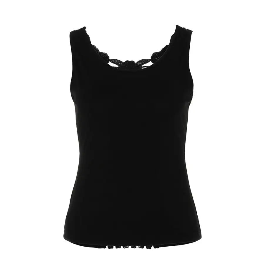 Lace Elegance Vest: O-Neck, Shoulder Straps, Back Hollow Out. Sexy and stylish collarlace detail.