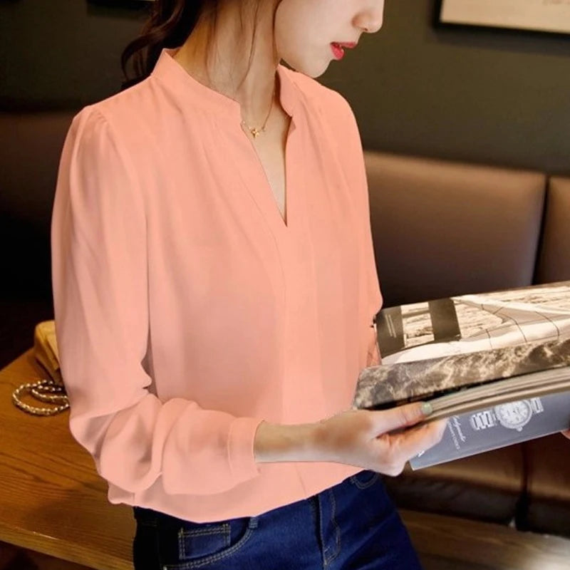 Elegant Whites: 2024 Fashion Solid T-Shirts, Spring-Summer Long Sleeve Chiffon Blouse for Workwear Sophistication.