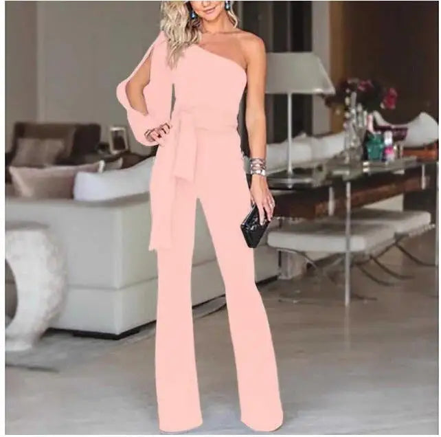 Sommer Damenmode Bürodame Solid Jumpsuit Stilvolle One-Shoulder Schlitz Ärmel Schwarz Jumpsuit Party Wear 2XL