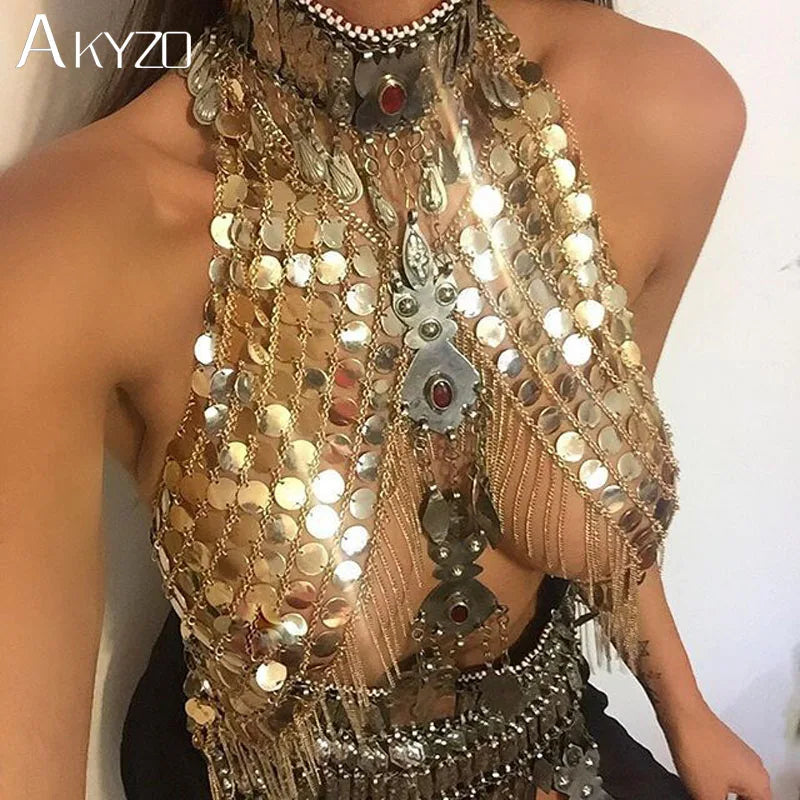 Sequin Goddess Halter: Handmade Acrylic Sequins, Metal Chain. Perfect for festivals and club parties.