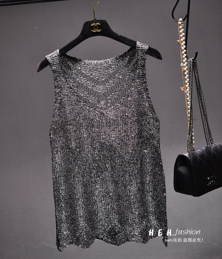 0 Summer sexy Supper blingbling sequines tank tops women hollow out metallic shiny vest women sequined bling bling tan tops