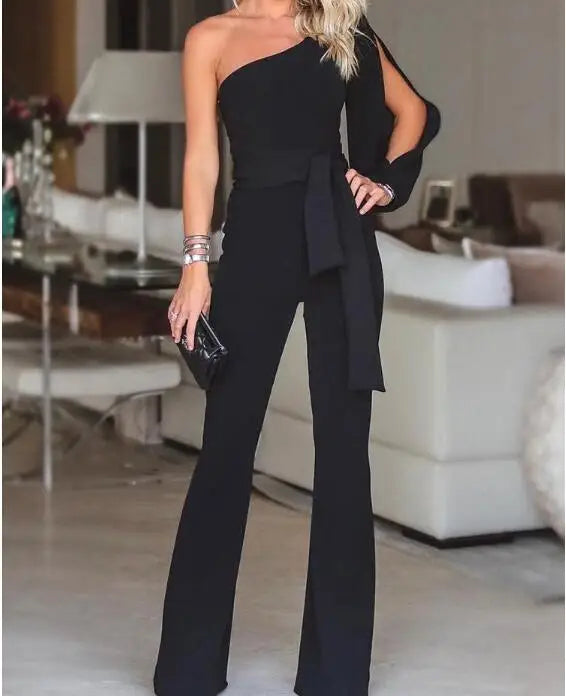 Sommer Damenmode Bürodame Solid Jumpsuit Stilvolle One-Shoulder Schlitz Ärmel Schwarz Jumpsuit Party Wear 2XL