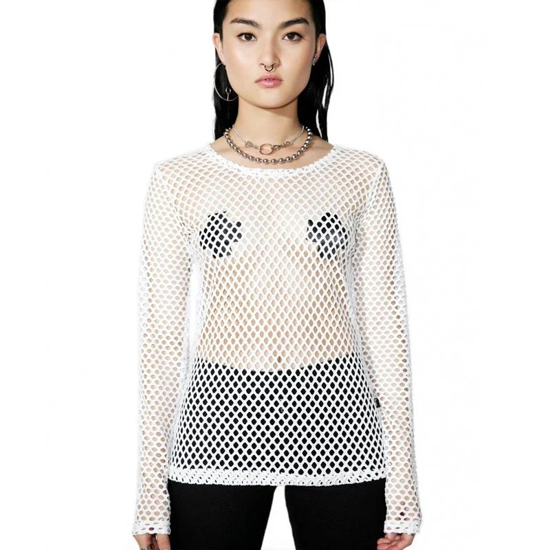 Gothic Fishnet Exposed Tee: Vintage Casual Top, Loose Fit, Sheer Mesh for a Summer Statement.