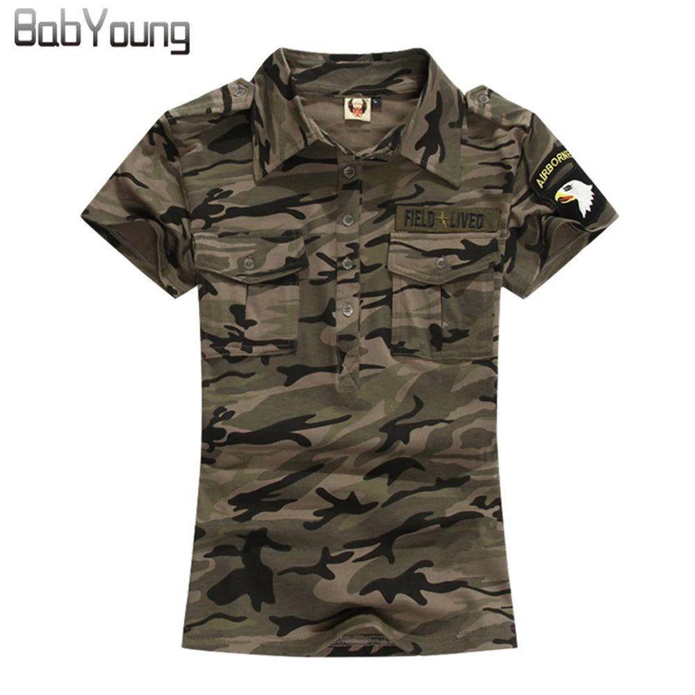 BabYoung Sommer Casual Polo Feminina Frauen Tops Camouflage Armee Baumwolle Shirts Polo Femme Polos Mujer Kurzarm Shirt M ~ 5XL