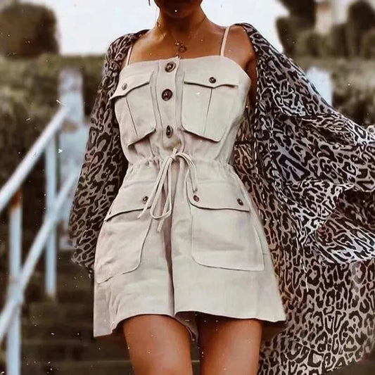 2019 Safari Style Spaghetti Strap Jumpsuit Women Open Button Lacing up Bow Waist Short Pants Romper Cotton Linen Playsuits