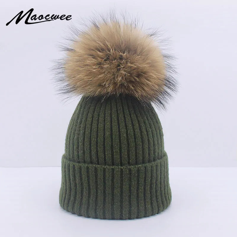 Real Raccoon Fur Pom Poms Pall Keep Warm Winter Hat For Women Girl 's Wool Hat Knitted Beanies Cap Thick Female Cap Skullies