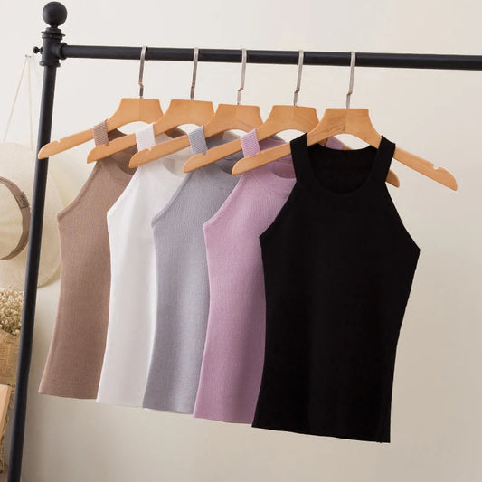 Summer Women Slim Knitting Halter Camisole Tops Female Bodycon Knitted Tanks Sleeveless Basic Solid T shirts  8017