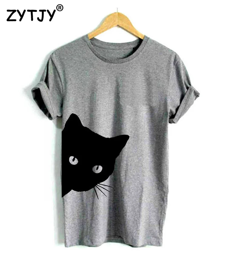 Whimsical Cat Gaze Tee: Casual and Funny Print for Hip Lady Vibes.