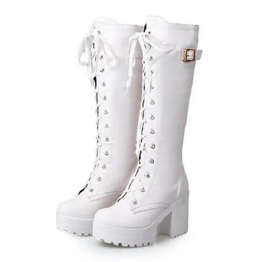 New fashions in winter tall and thick with boots English wind leather tie high heel women boots