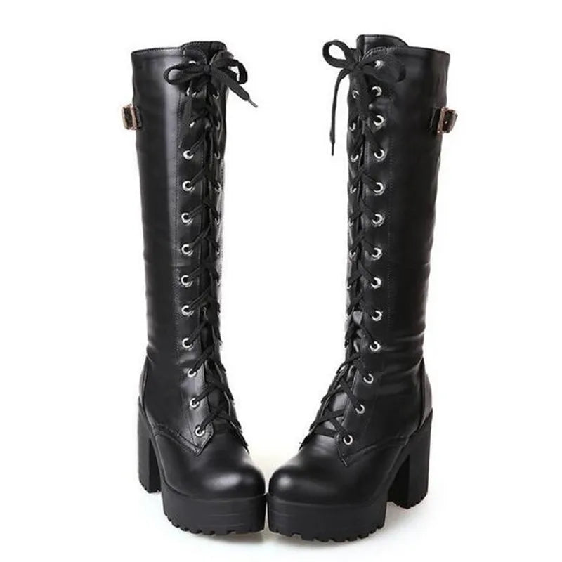 New fashions in winter tall and thick with boots English wind leather tie high heel women boots