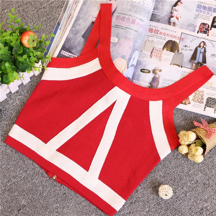 Sommer Damenmode Schlank Strick Tank Crop Tops Weiblich Bodycon Gestrickt Leibchen Ärmellos Kurze Geometrische T-Shirts 8201