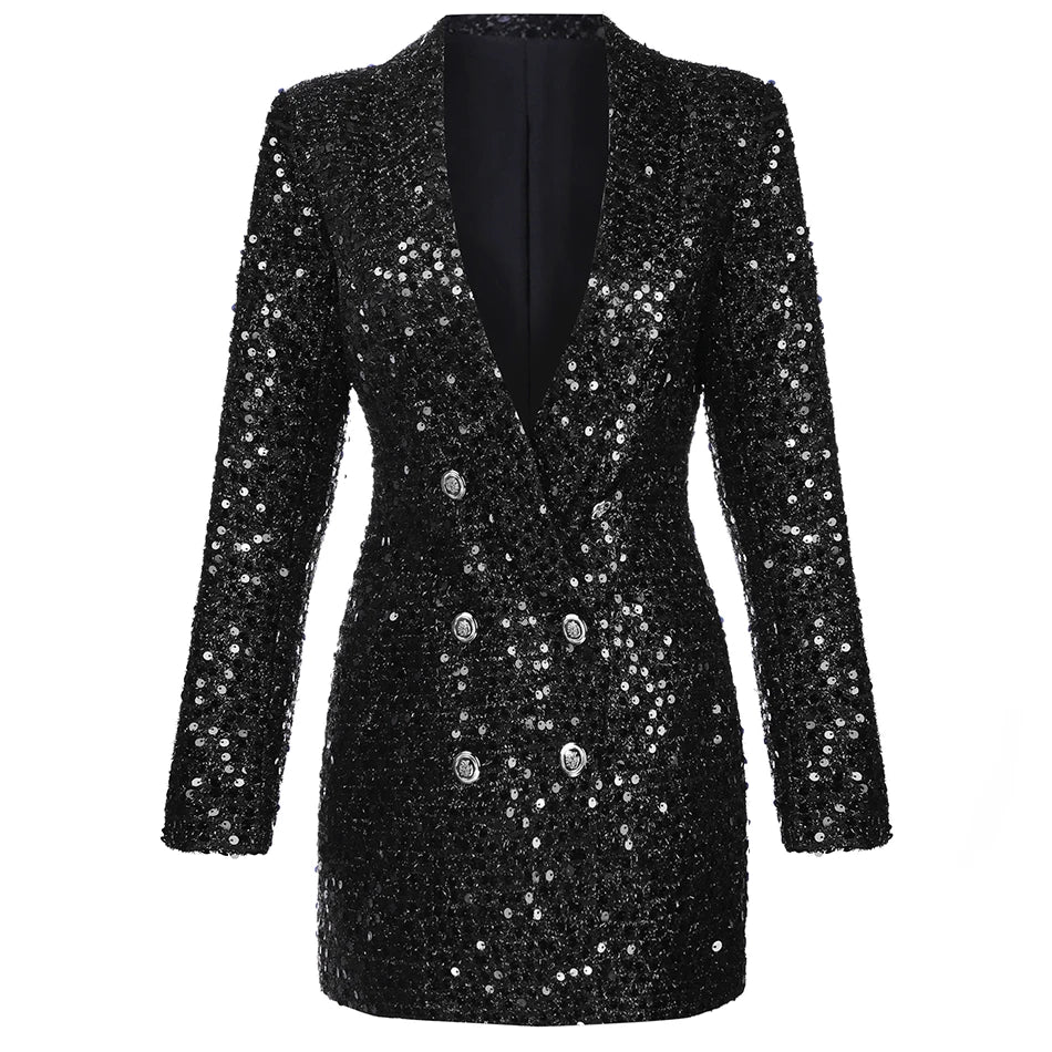 High Quality Fashion 2024 Designer Blazer Women Double Lion Buttons Shawl Collar Glitter Sequined Long Runway Black Blazers