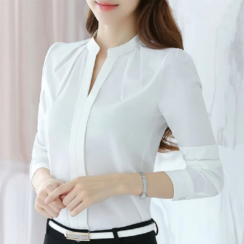 Elegant Whites: 2024 Fashion Solid T-Shirts, Spring-Summer Long Sleeve Chiffon Blouse for Workwear Sophistication.