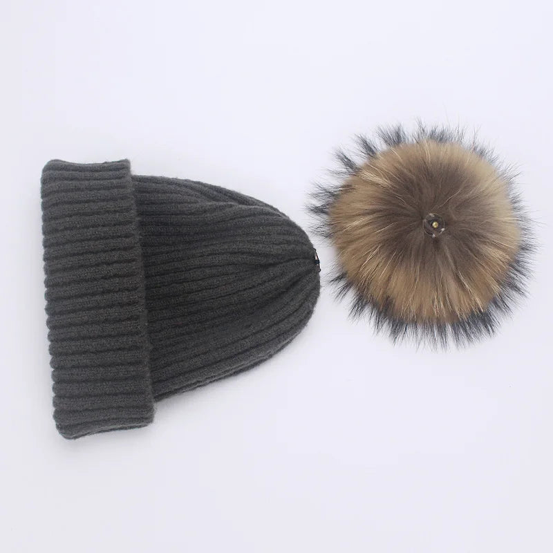 Real Raccoon Fur Pom Poms Pall Keep Warm Winter Hat For Women Girl 's Wool Hat Knitted Beanies Cap Thick Female Cap Skullies