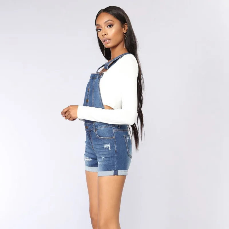 Kurzer Denim-Overall für Damen, Loch-Overall, hohe Taille, lässige Jeans, Playsuit, gewaschene Salopette mit Trägern, 2019 Sommer-Strampler