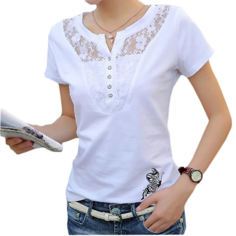 Summer T-shirt Women Casual Lady Top Tees Cotton White Tshirt Female Brand Clothing T Shirt Top Tee