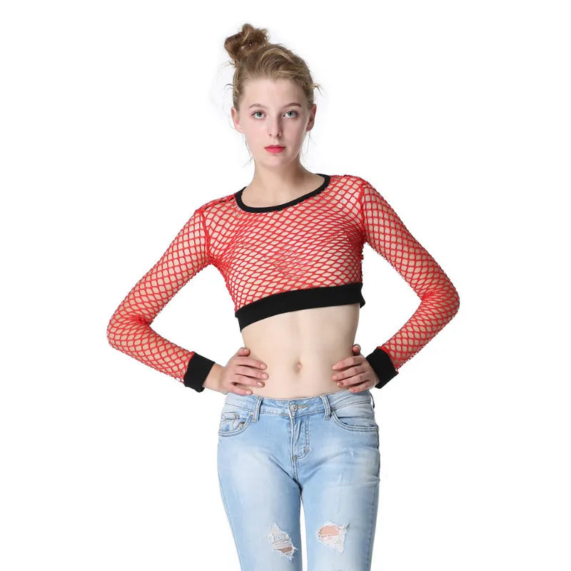 Ruoru Mesh Elegance: Fishnet Femme Crop Top with Hollow Out Detail. Slim, see-through, and perfect for club wear.