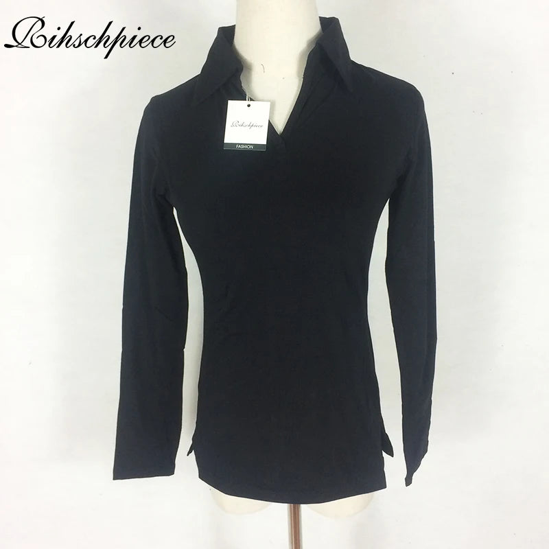 Rihschpiece Sexy Poloshirt Damen Schwarz Langarmshirt Übergröße Tops Punk Baumwollshirt Schlanke Kleidung Polo RZF850