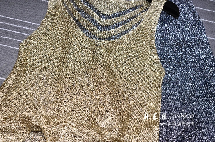 0 Summer sexy Supper blingbling sequines tank tops women hollow out metallic shiny vest women sequined bling bling tan tops