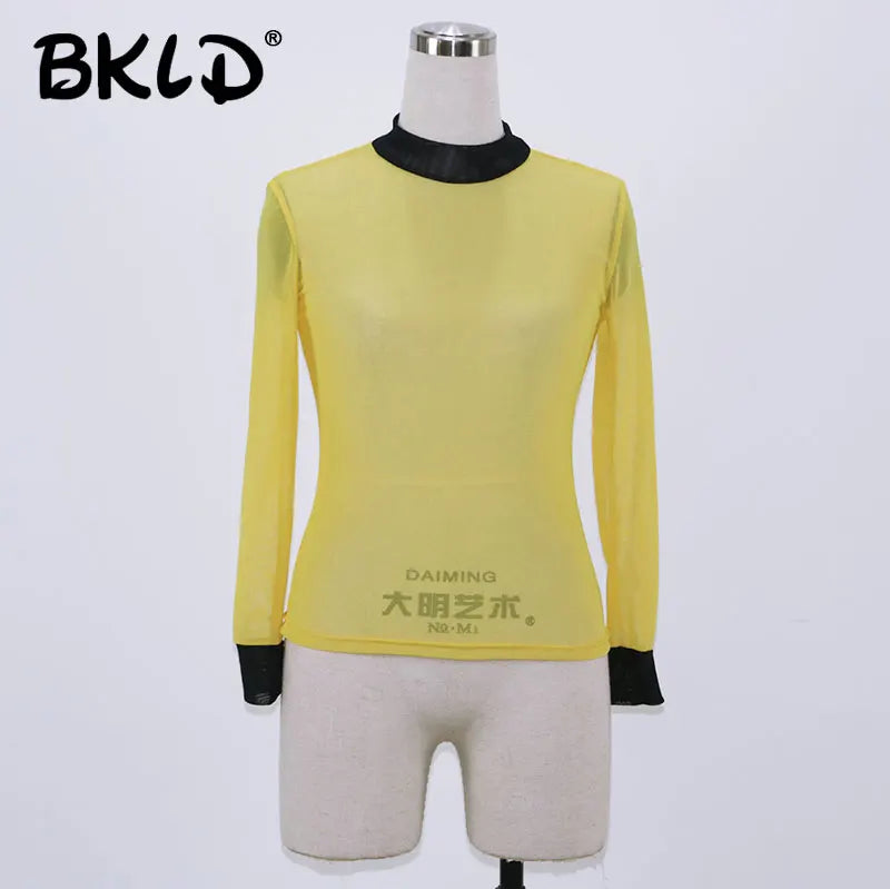 BKLD Summer Sheer Chic: Yellow Mesh Turtleneck T-Shirt, Slim Fit, Long Sleeve for a Sexy Look.