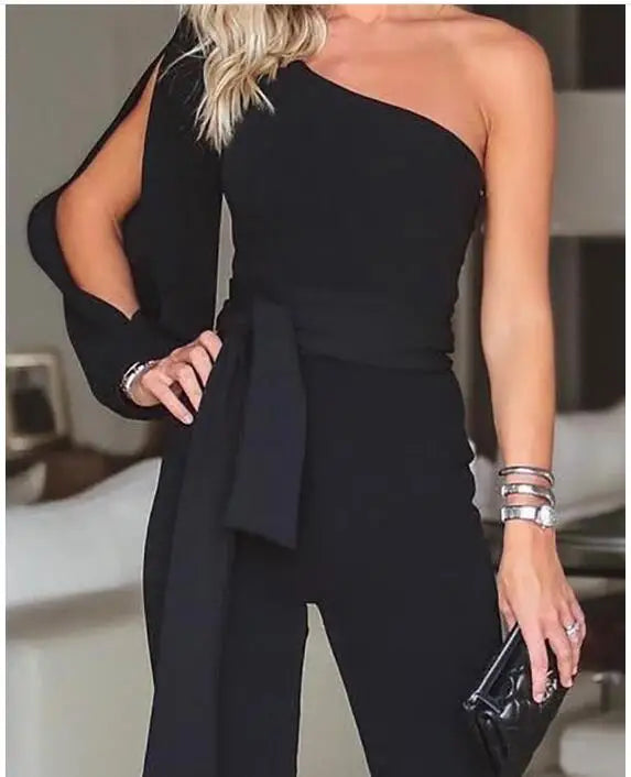 Sommer Damenmode Bürodame Solid Jumpsuit Stilvolle One-Shoulder Schlitz Ärmel Schwarz Jumpsuit Party Wear 2XL