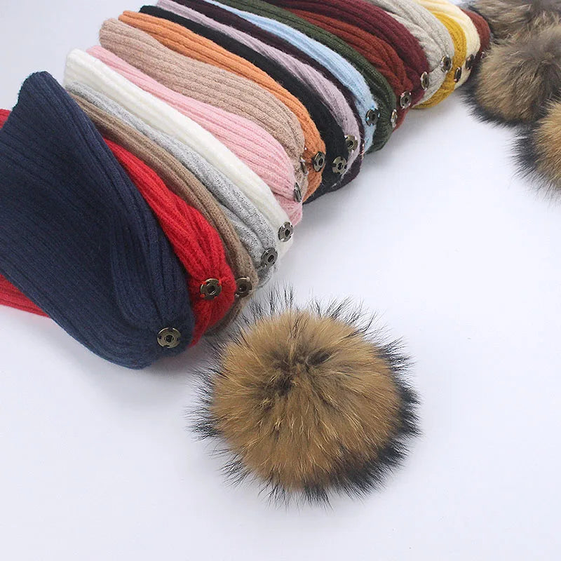 Real Raccoon Fur Pom Poms Pall Keep Warm Winter Hat For Women Girl 's Wool Hat Knitted Beanies Cap Thick Female Cap Skullies