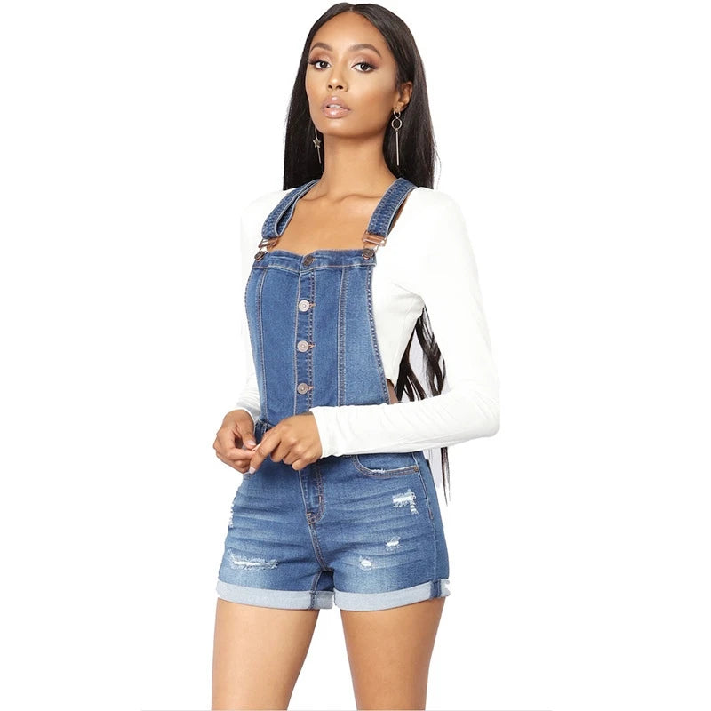 Kurzer Denim-Overall für Damen, Loch-Overall, hohe Taille, lässige Jeans, Playsuit, gewaschene Salopette mit Trägern, 2019 Sommer-Strampler