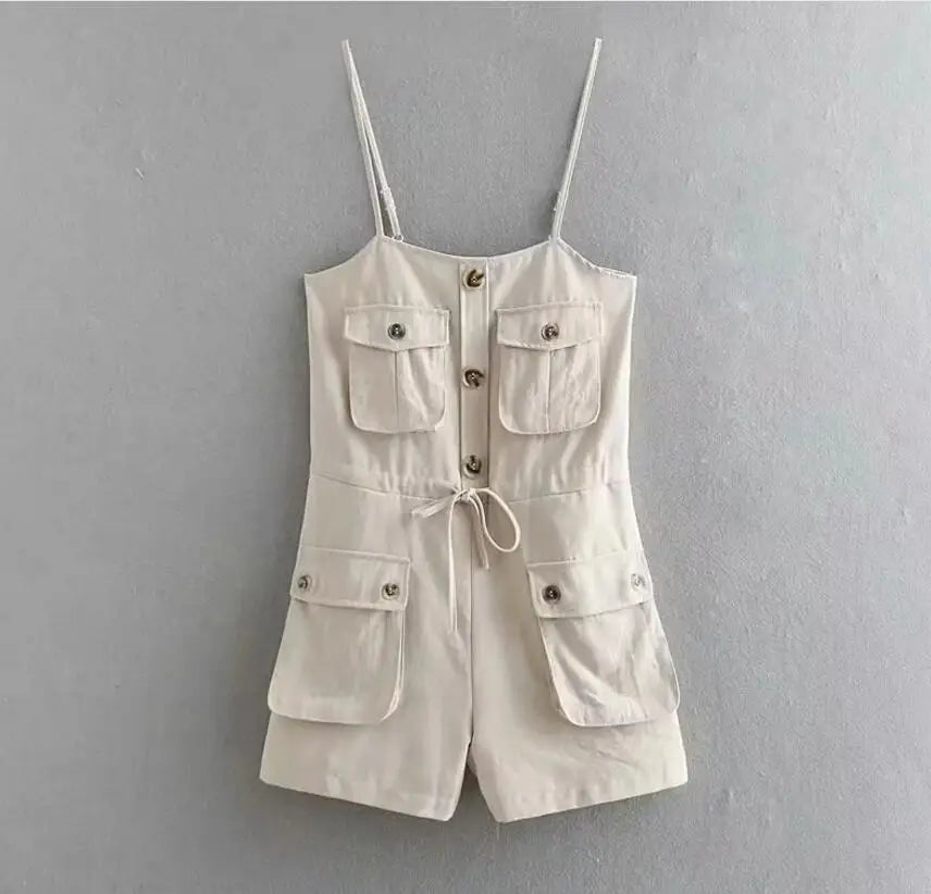 2019 Safari Style Spaghetti Strap Jumpsuit Women Open Button Lacing up Bow Waist Short Pants Romper Cotton Linen Playsuits