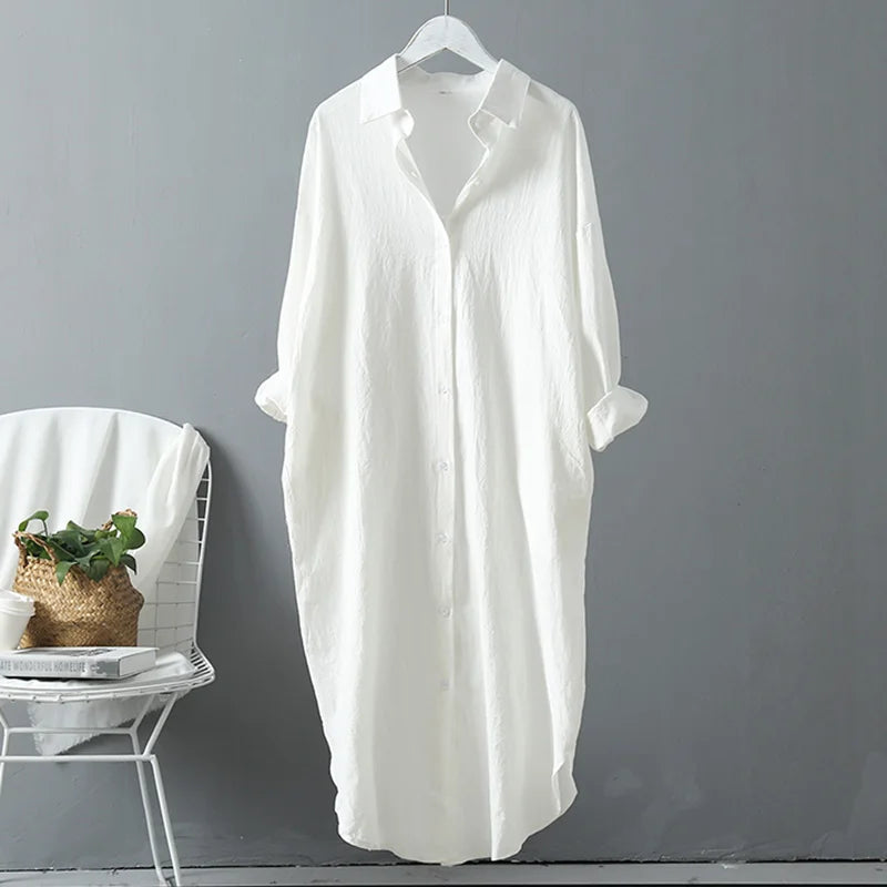 Cotton Women Blouse Shirt Dress Beach Vacation New Linen Cottons Casual Plus Size Womans Long Section Shirt White/Blue