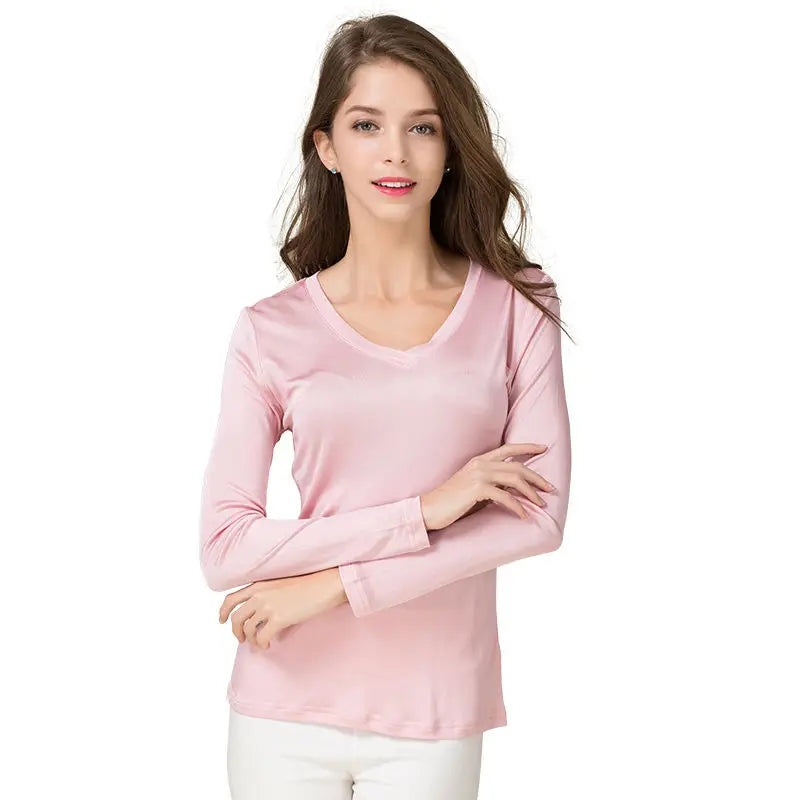 SuyaDream Damen T-Shirt Naturseide Langarm V-Ausschnitt Uni Basic Shirt Rosa Blau Lila Unterteil