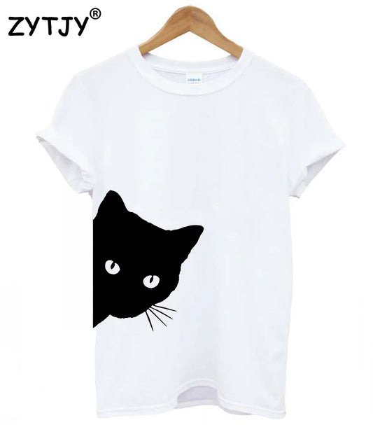 Whimsical Cat Gaze Tee: Casual and Funny Print for Hip Lady Vibes.