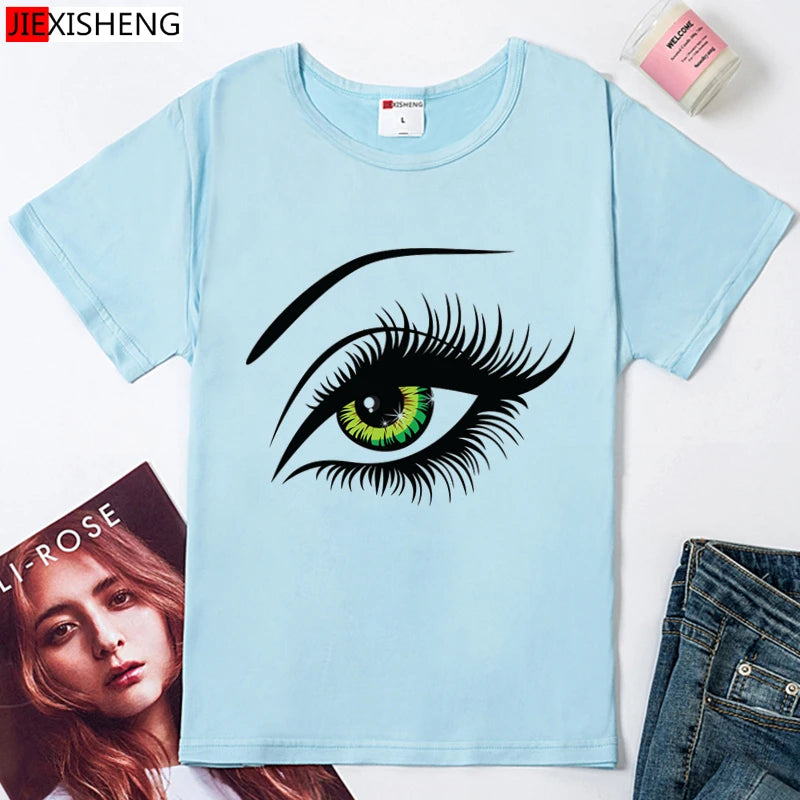 2021 sommer T shirt Frauen Tops Tees Kurzarm Baumwolle Großen Augen Drucken T-shirt Lustige T-shirt Frau Kleidung