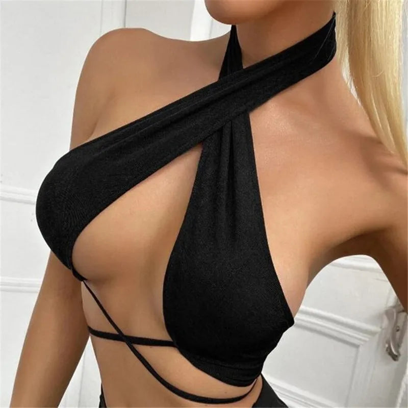 2024 Hot Sale Summer Chic Cropped Slim Streetwear Women's Bandage Halter Sexy Backless Crop Tops Black Tanks Tops Party Clubwear