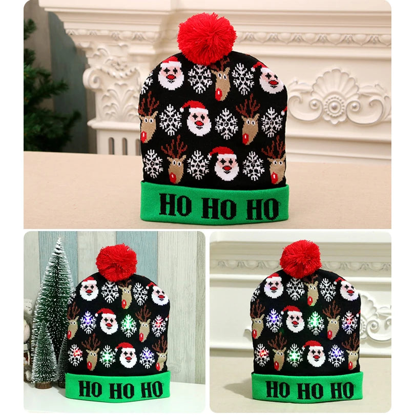 Knitted LED Christmas Hat  Beanie Light Up Illuminate Warm Hat Christmas Tree Snowman Kids Adults New Year Christmas Decor