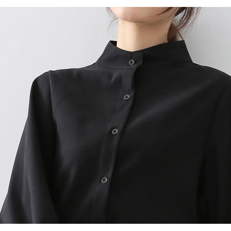 Big Lantern Sleeve Blouse Women Autumn Winter Single Breasted Stand Collar Shirts Office Work Blouse Solid Vintage Blouse Shirts