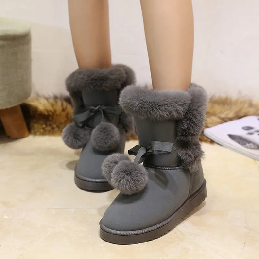 Warm Fur Women Snow Boots Suede Winter Shoes Fur Ball Mid-Calf Boots Female Fashion Boots Non-Slip Snow Casual botas de mujer