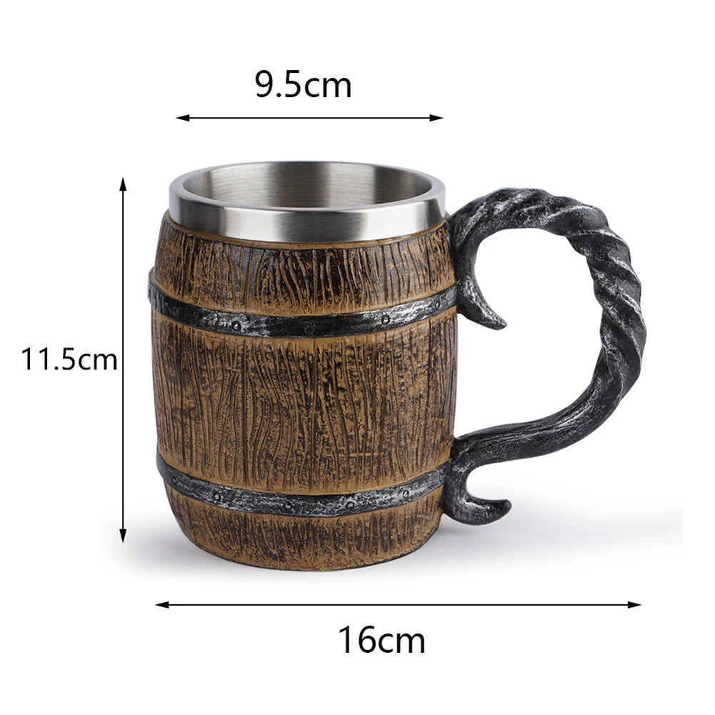 Viking Wood Style Beer Mug Simulation Wooden Barrel Beer Cup Double Wall Drinking Mug Metal Insulated 1PCS Bar Drinking Game