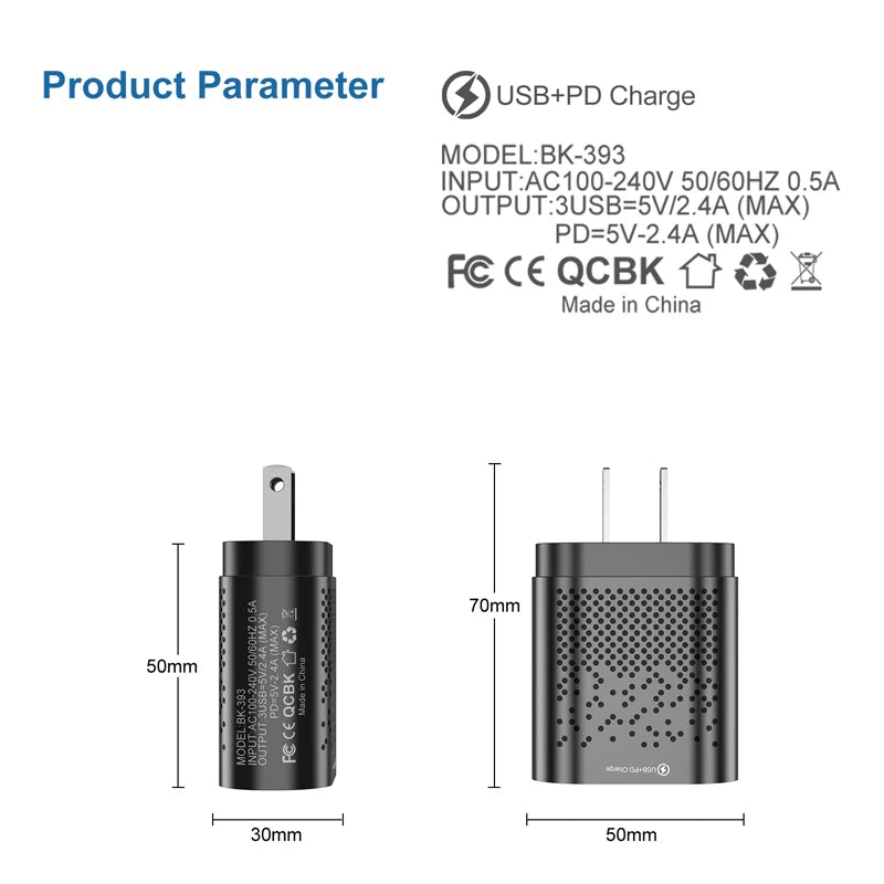 EU/US/UK Plug USB Charger Type C Quick Charge QC3.0 3 Port 48W USB C Mobile Phone Charger For iPhone Samsung Xiaomi Huawei