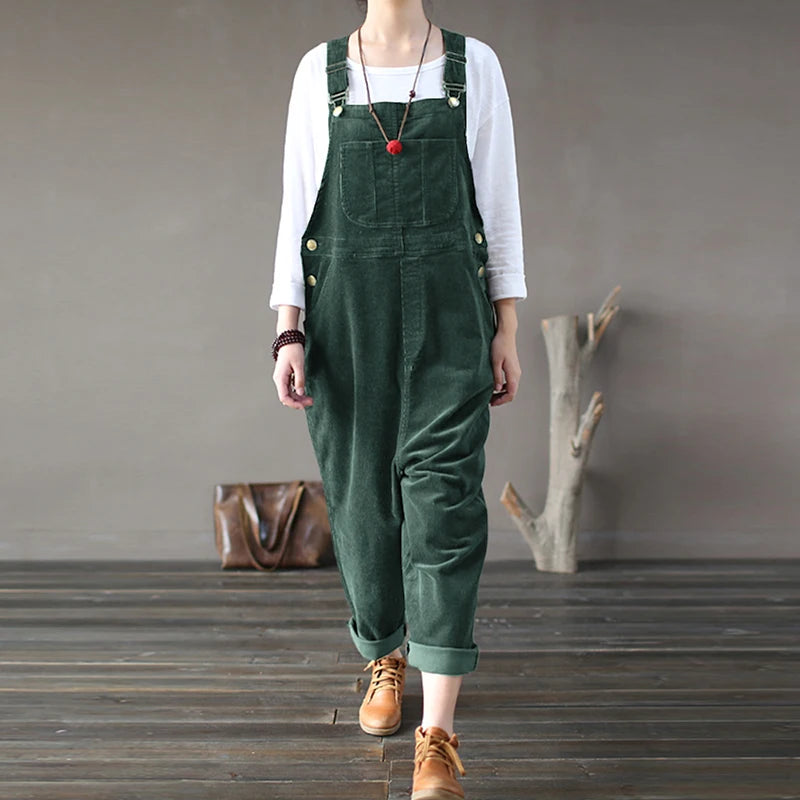 Kaftan Corduroy Overalls Women's Jumpsuits Casual Long Pants Female Button Rompers