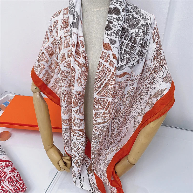 135CM Cashmere Scarf Women Manual Hand Rolled Shawls Horse Map Square Scarves Wraps Bandana Luxury Brand Hijabs Female Foulards