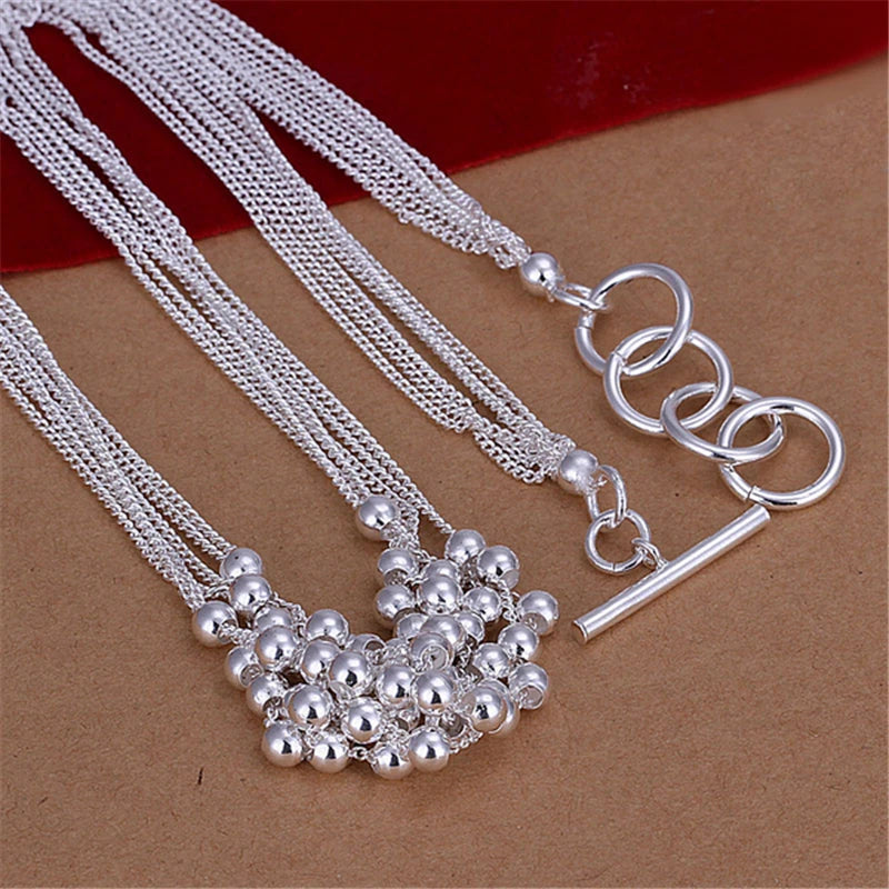 DOTEFFIL 925 Sterling Silver Small Smooth Bead Ball Grapes Necklace 18 Inches Chain Woman Wedding Engagement Fashion Jewelry