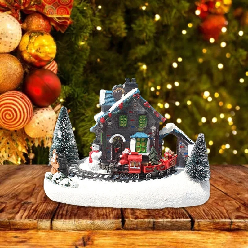 Glowing Christmas Small Train Village House, Luminous Landscape, Snow Figurines, Resin Desktop Ornament, Decoration, F19B