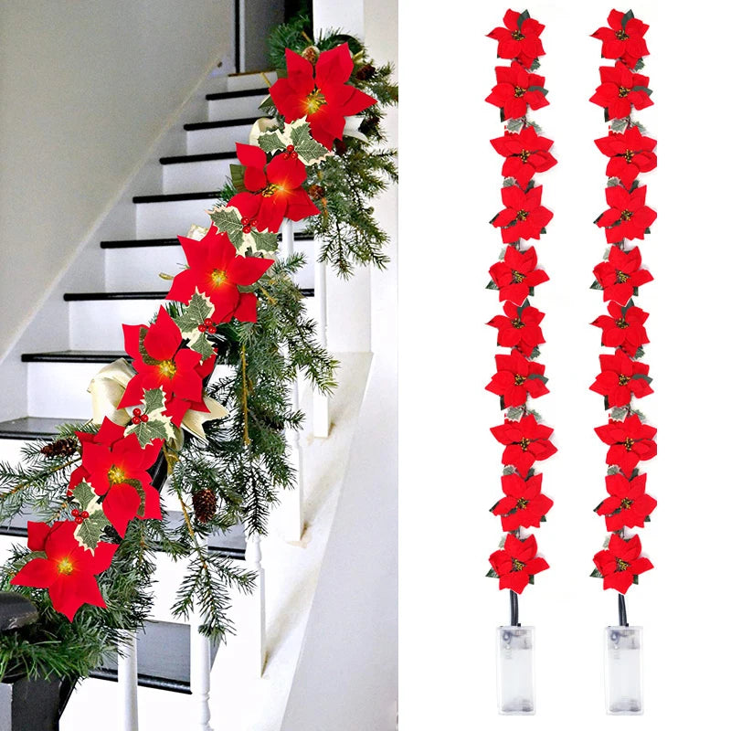 2/3m Christmas Poinsettia Flowers Garland String Lights Xmas Tree Decoration Ornament Christmas Home Decoration 2023 Navidad