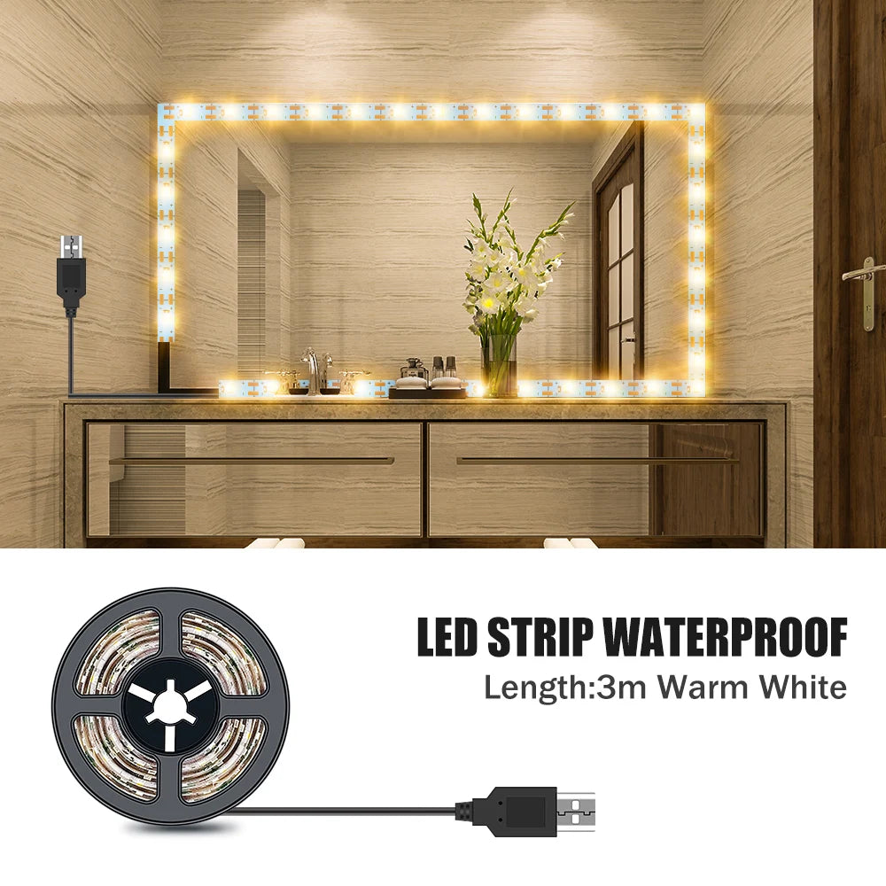 LED Make up Mirror Light Strip USB Hollywood Vanity Mirror Lamp Tape Bathroom Dressing Table Lighting Dimmable LED Wall LampTape