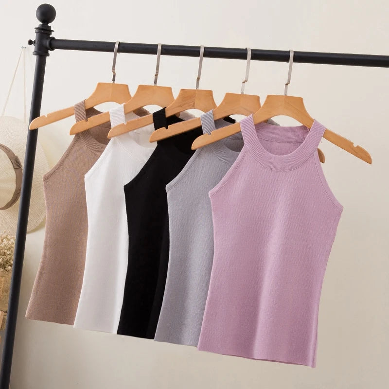 Summer Women Slim Knitting Halter Camisole Tops Female Bodycon Knitted Tanks Sleeveless Basic Solid T shirts  8017